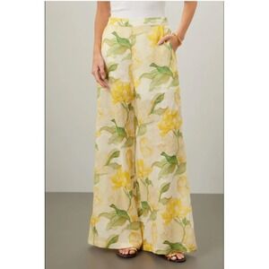 Christy Lynn Pants‎ Yellow Green Floral Linen Wide Leg Marta